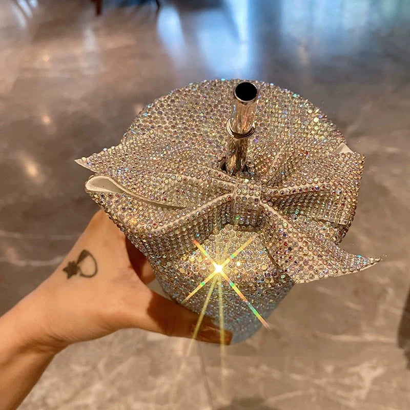 Large Bow Diamond-Encrusted Stainless Steel Straw Cup – Thermos for Cold Coffee & Water