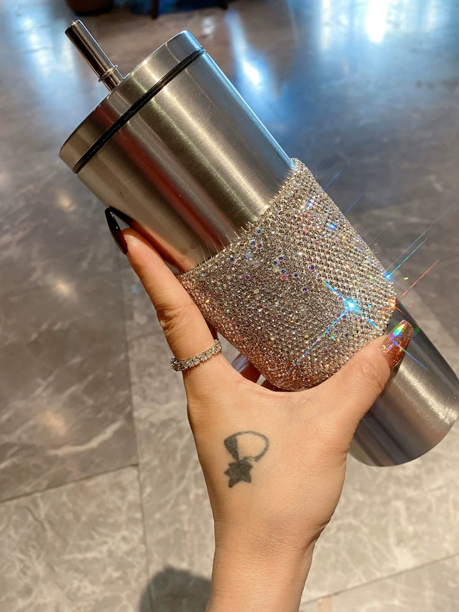 High-End Diamond-Encrusted Straw Cup – Portable Stainless Steel Coffee & Ice Cup