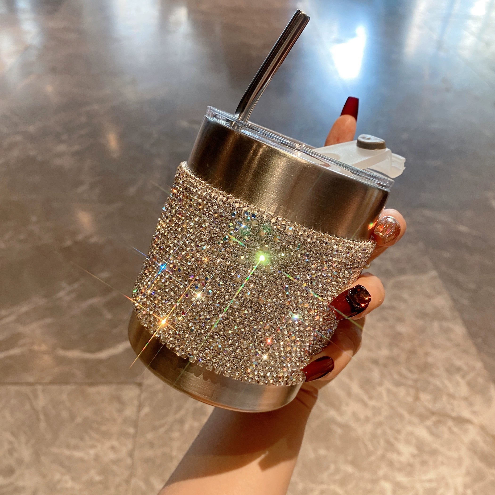 Diamond-Encrusted Stainless Steel Coffee Cup – Portable Straw Cup for Home & Office