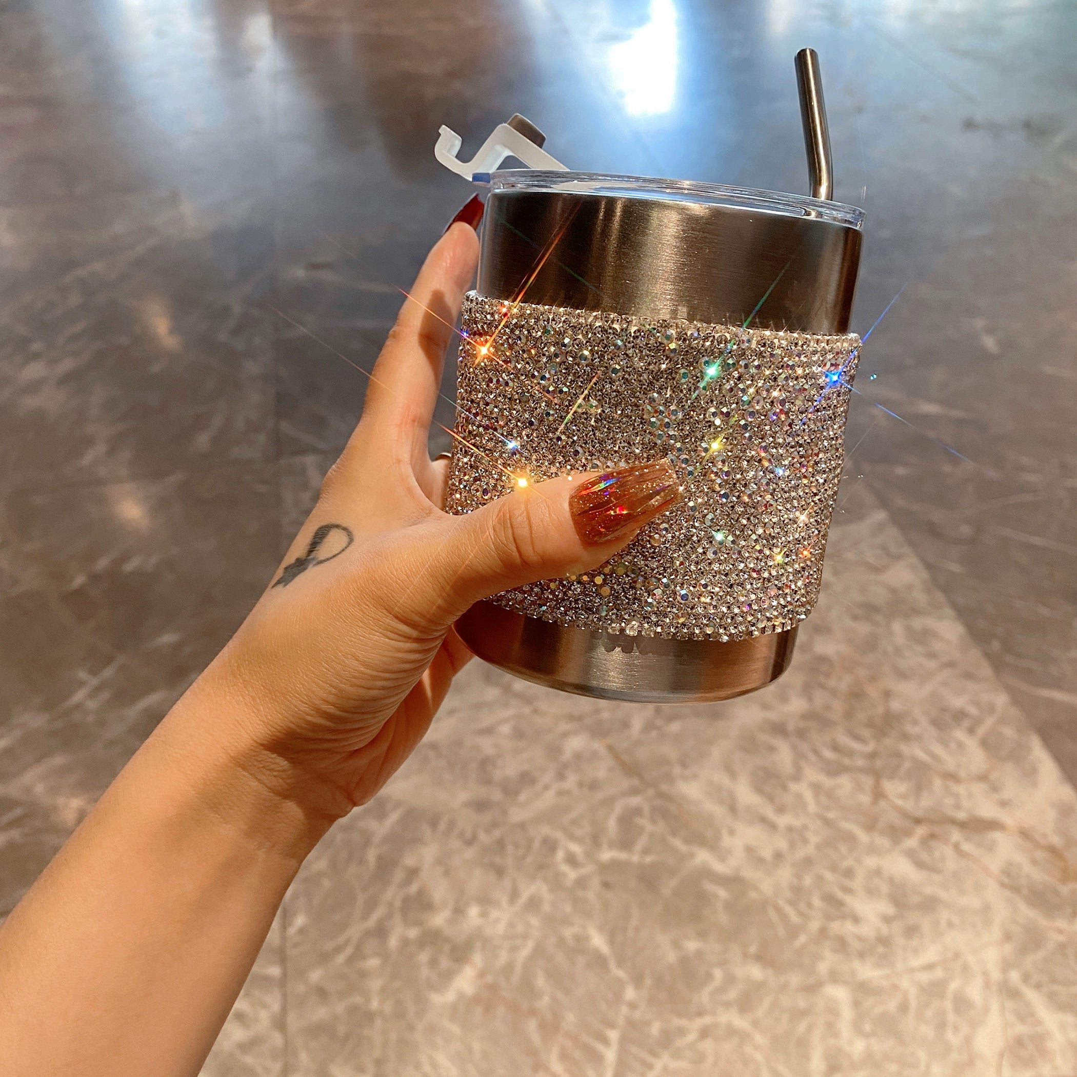 Diamond-Encrusted Stainless Steel Coffee Cup – Portable Straw Cup for Home & Office