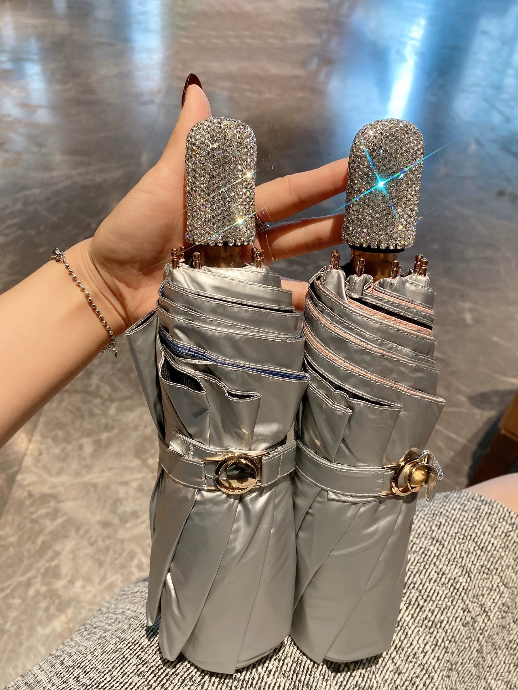 Diamond-Inlaid Double-Layer Sun Umbrella – UV Protection Vinyl Folding Umbrella for Rain or Shine