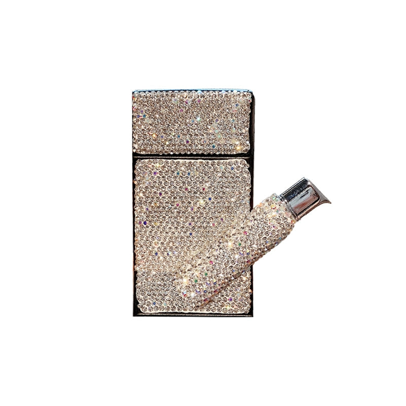 Diamond-Encrusted Cigarette Case with Inflatable Lighter – 20-Pack Black Leather Flip-Top, Moisture-Proof, Trendy Women’s Accessory
