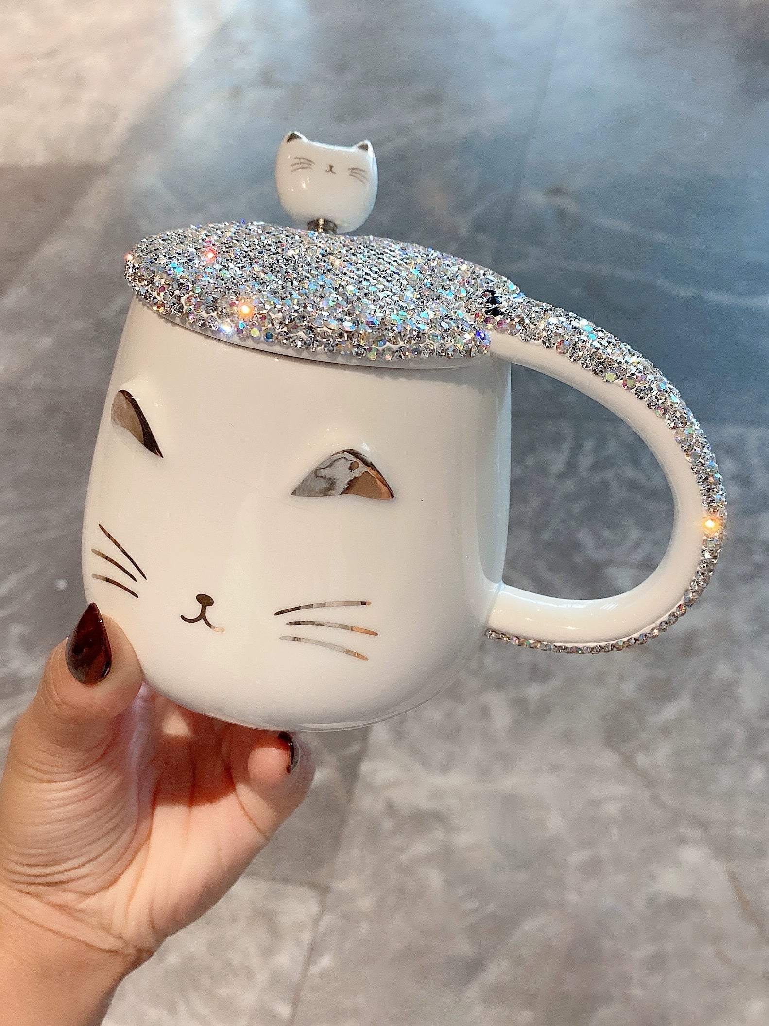Celebrity Luxury Cat Mug – Diamond-Encrusted Girly Heart Water Cup with Lid and Spoon