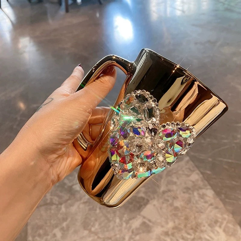 Diamond Heart-Shaped Glass Mug – Electroplated Coffee Cup, Tea Cup, Cute Gift Mug, Beverage Cup