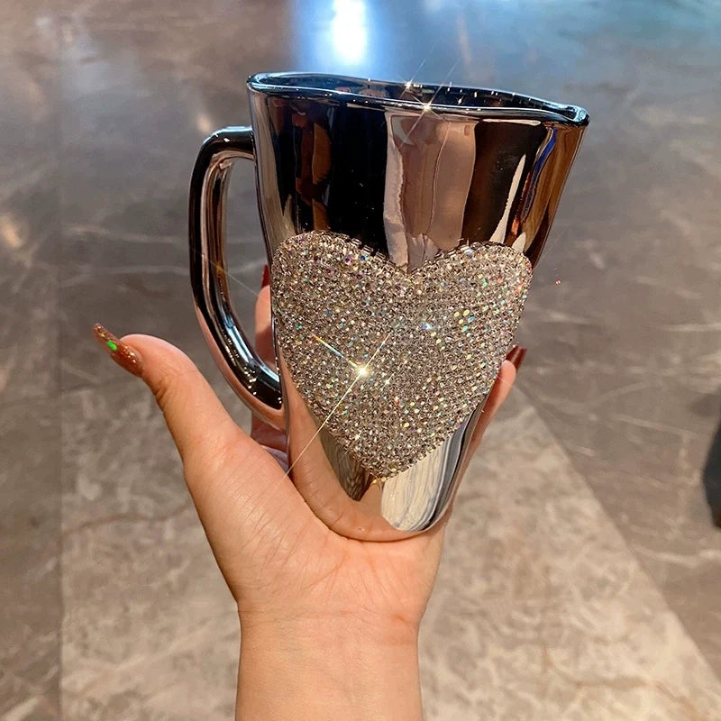 Diamond Heart-Shaped Glass Mug – Electroplated Coffee Cup, Tea Cup, Cute Gift Mug, Beverage Cup