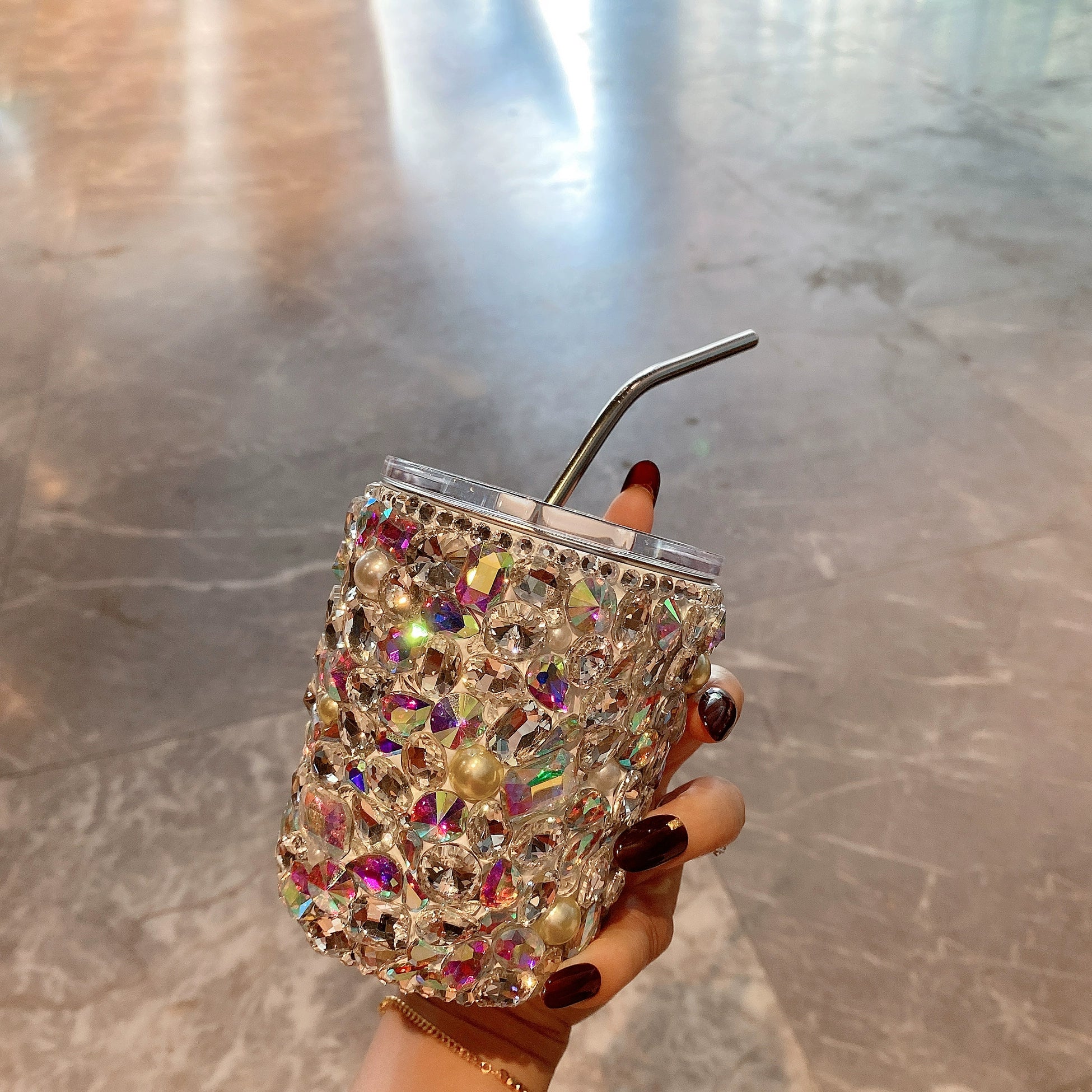 Luxury Diamond-Encrusted Straw Cup – High-End Portable Stainless Steel Water Tumbler