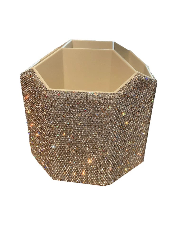 Diamond-Encrusted Makeup Brush & Cosmetic Organizer – Large-Capacity Desktop Storage for Lipsticks, Eyebrow Pencils & Brushes
