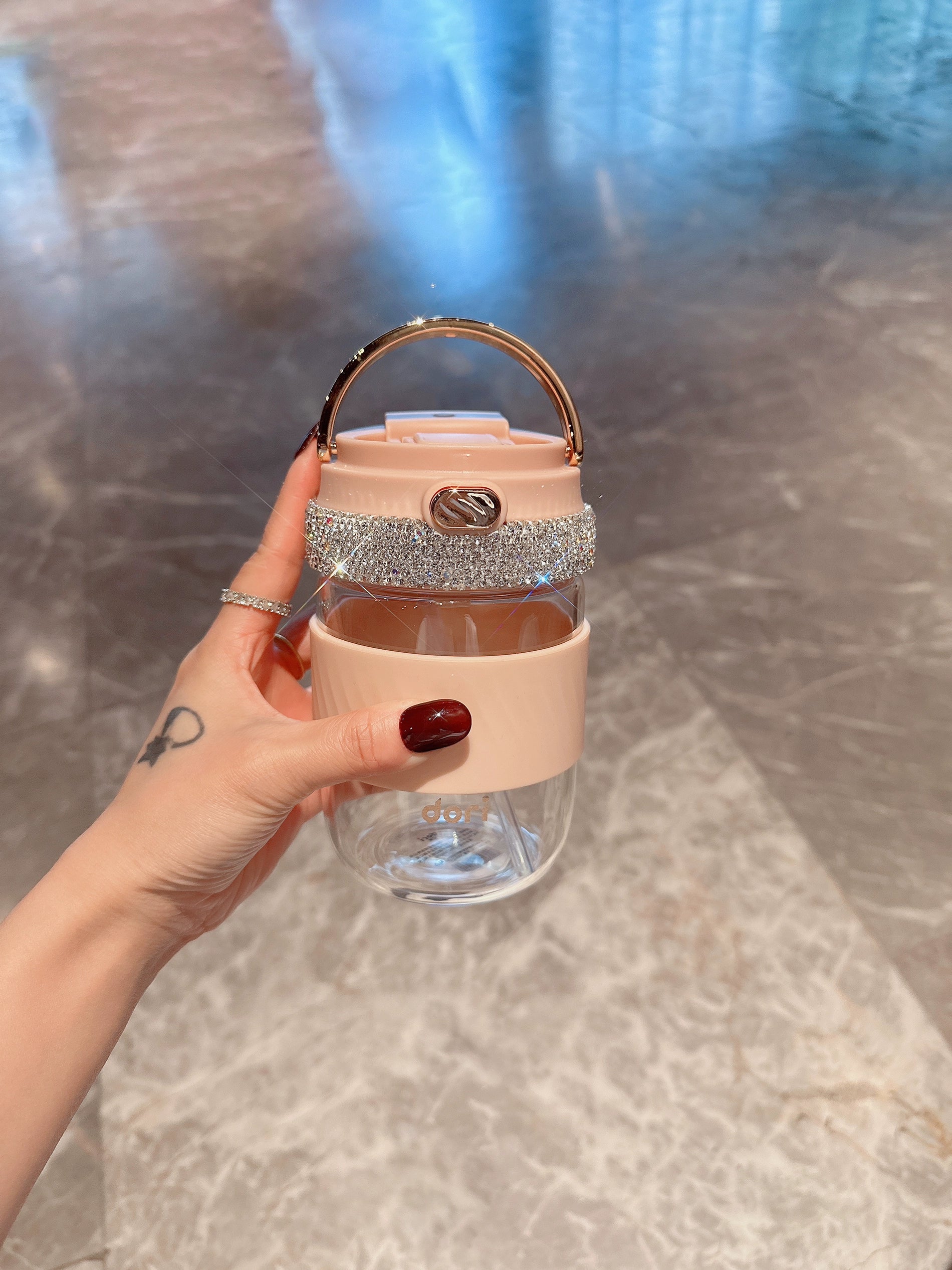 Diamond-Encrusted Double-Straw Glass Tumbler – Large Capacity Coffee & Water Cup for Home & Office