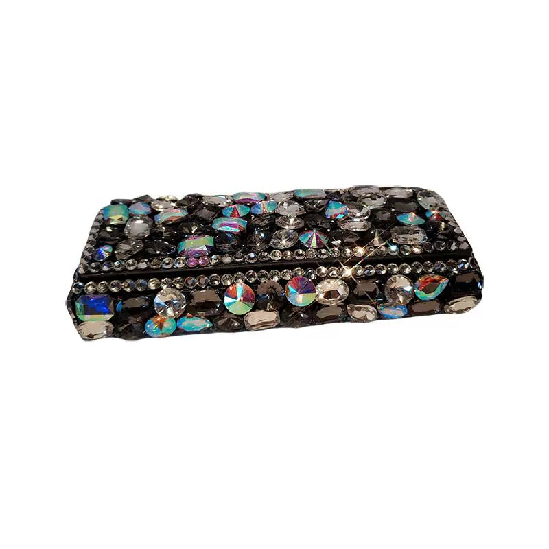 Diamond-Encrusted Portable Glasses Case – Black & White Leather, Shockproof & Drop-Resistant, Women’s Eyewear Storage Box