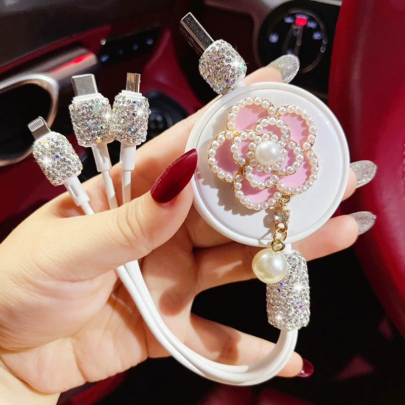 Multi-Function Car Fast Charger with 1-3 Retractable Camellia Diamond Data Cables