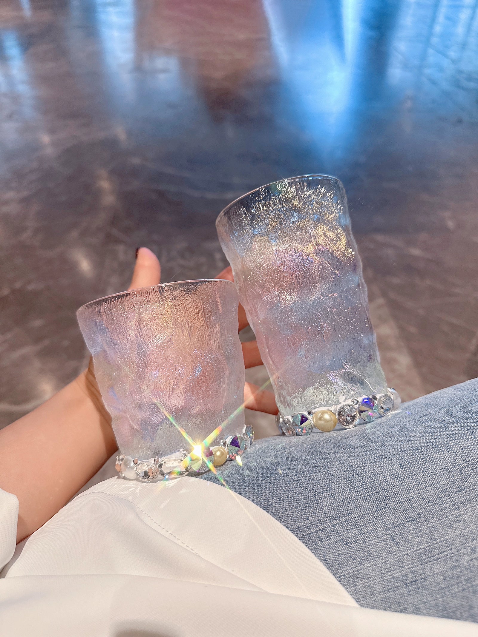 Diamond-Encrusted Gradient Glass Cup – Trendy Water, Juice, Coffee & Beer Glass for Home