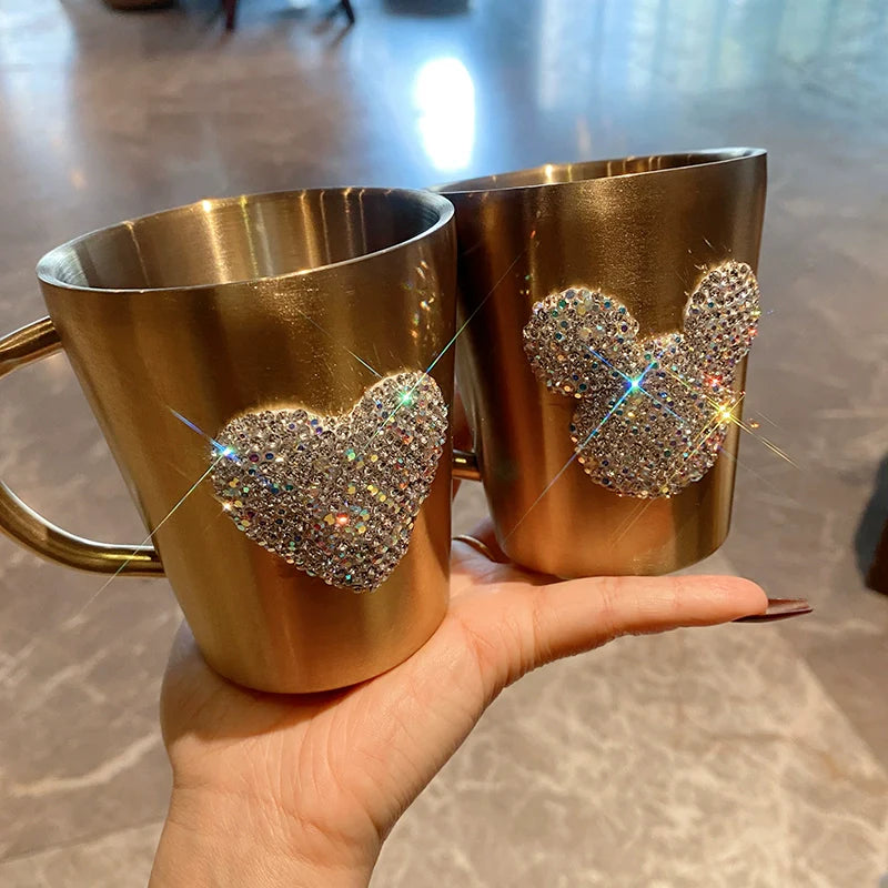 Diamond-Encrusted Stainless Steel Coffee Mug – Double-Layer Insulated Anti-Scald Water Cup