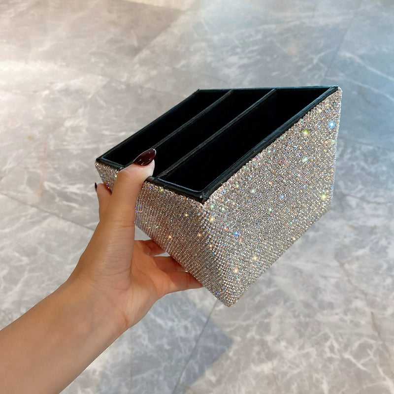 Diamond-Encrusted Korean Cosmetic Organizer – Multifunctional Desktop Storage for Skincare & Makeup