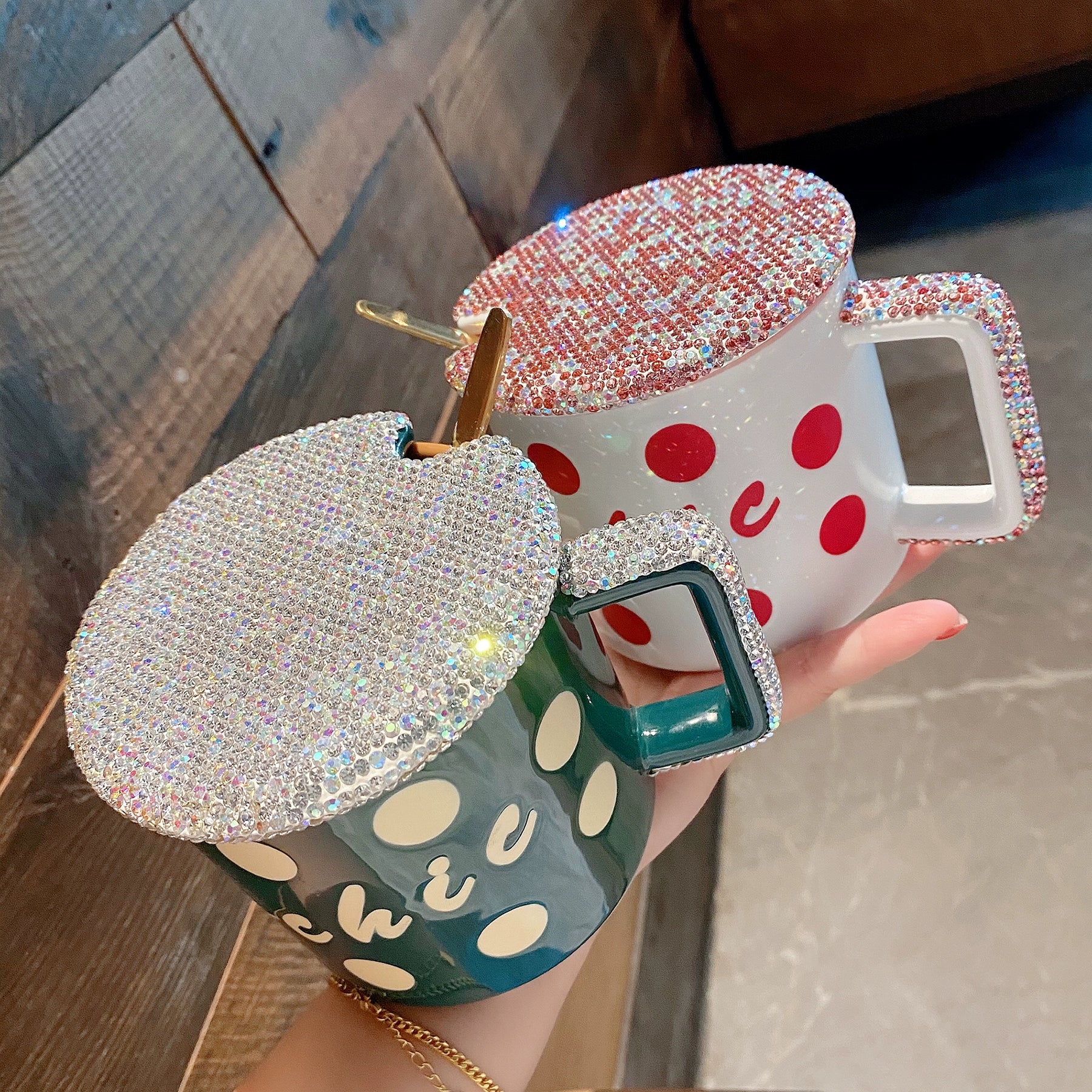 Household High-Looking Mug With Lid And Spoon Large Capacity Light Luxury Diamond-Encrusted Coffee Cup Office Internet Celebrity Style Tea Cup