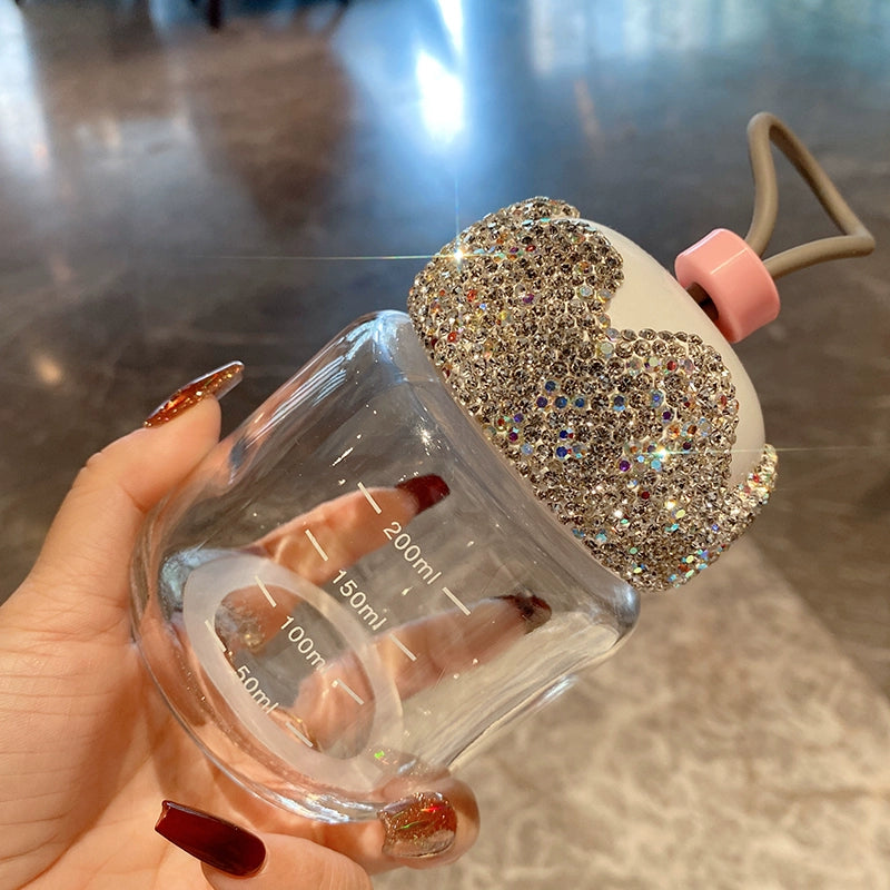 Portable Mini Glass Cup – Diamond-Encrusted Coffee, Milk & Soy Milk Cup for Travel & Home