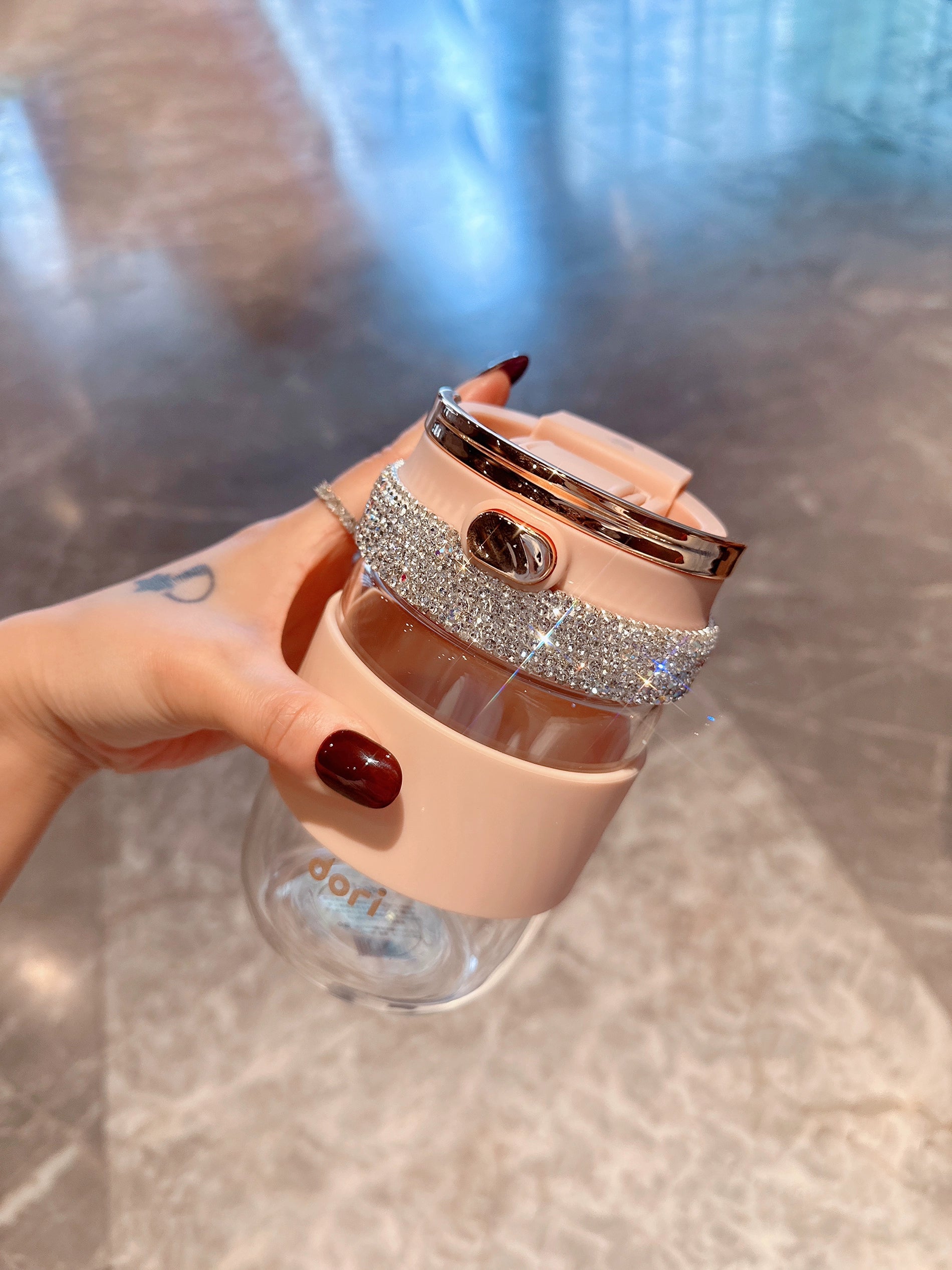 Diamond-Encrusted Double-Straw Glass Tumbler – Large Capacity Coffee & Water Cup for Home & Office