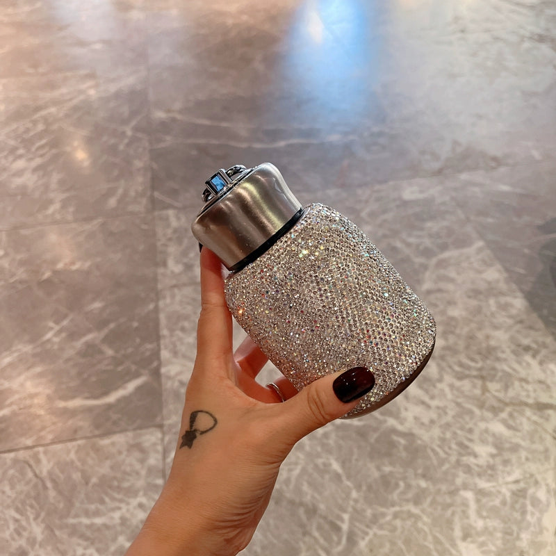 Diamond-Encrusted Stainless Steel Thermos Cup – Portable Crossbody Water Bottle for Car & Travel