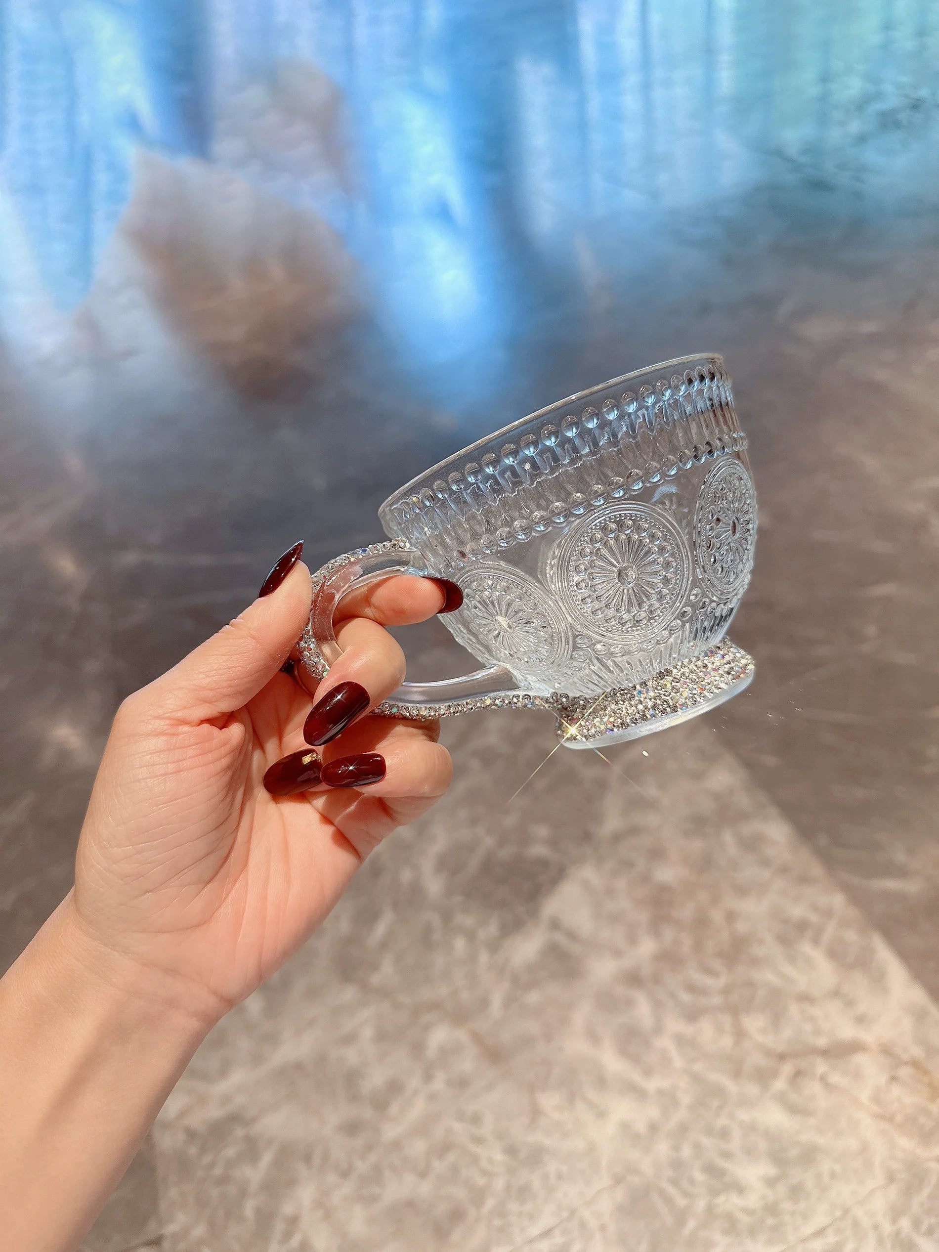 Diamond-Encrusted Sunflower Glass – Embossed Cup for Milk, Juice & Water