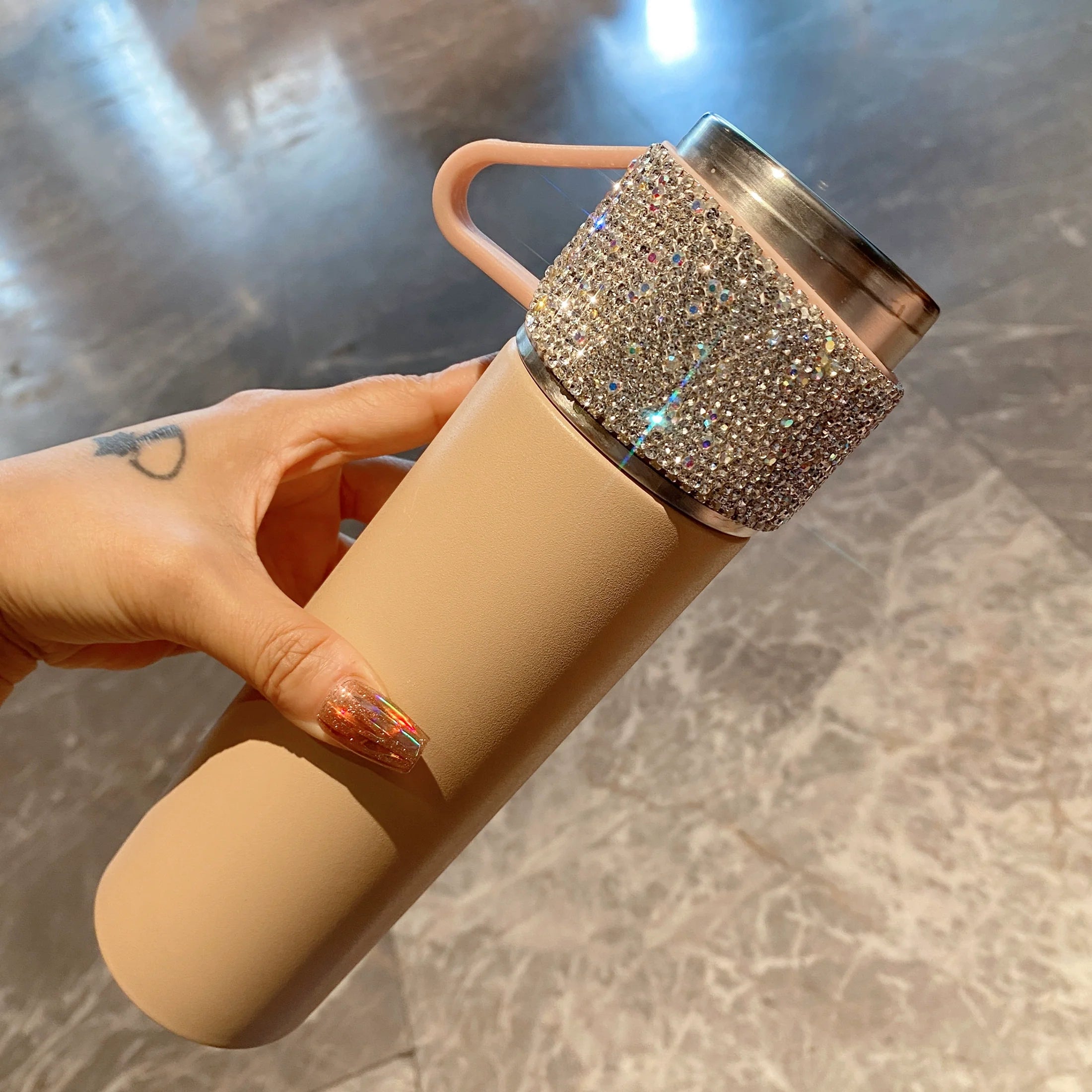 Stylish Diamond-Encrusted Water Tumbler with Lid – Large-Capacity Stainless Steel Thermos Cup