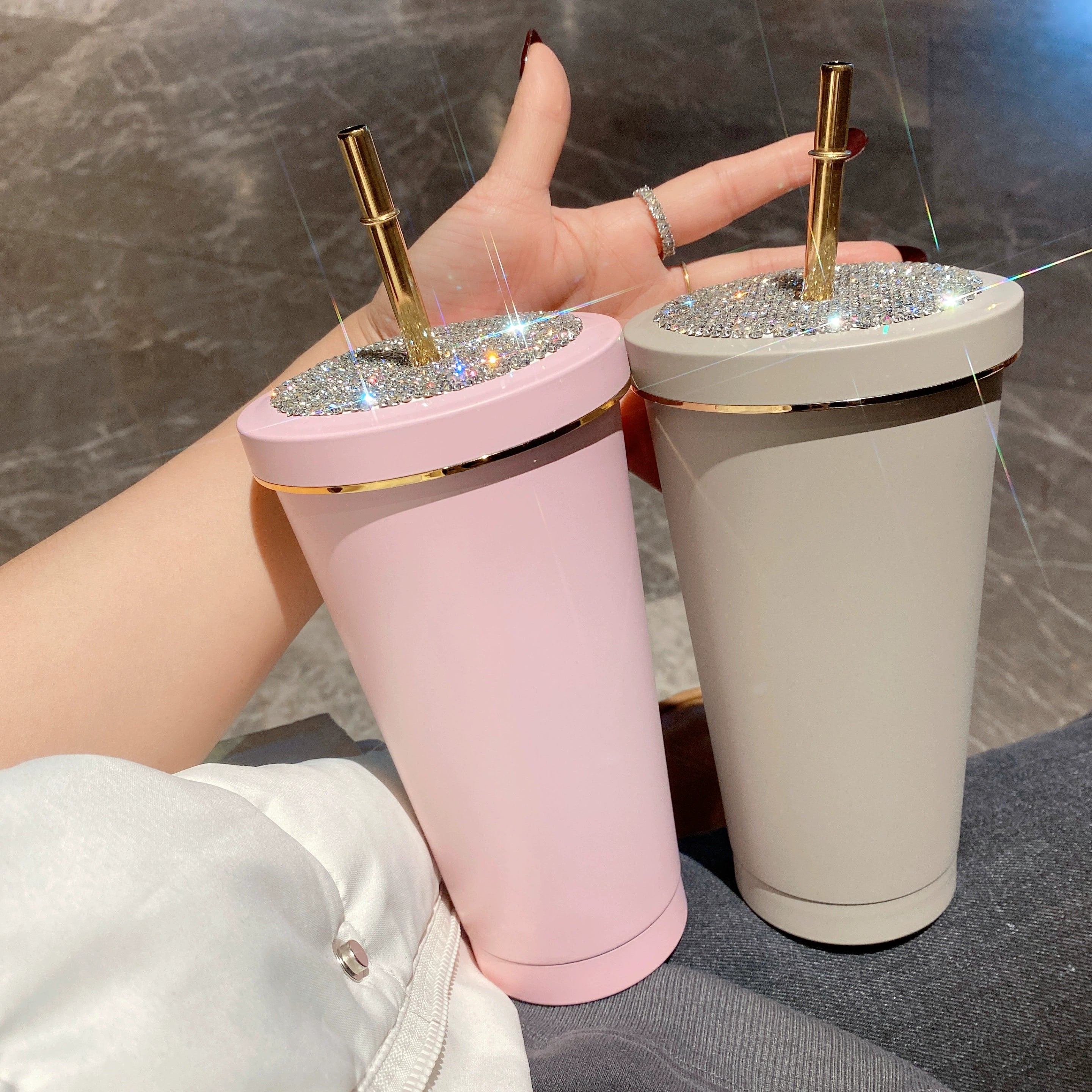 Diamond-Encrusted Korean Style Straw Cup – Colorful Stainless Steel Water Cup, Light Luxury, Portable Car & Travel Drinkware