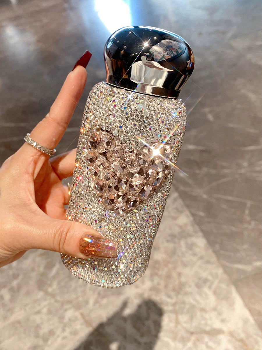 Diamond-Encrusted Love Stainless Steel Thermos Cup – Portable Car Water Bottle for Women