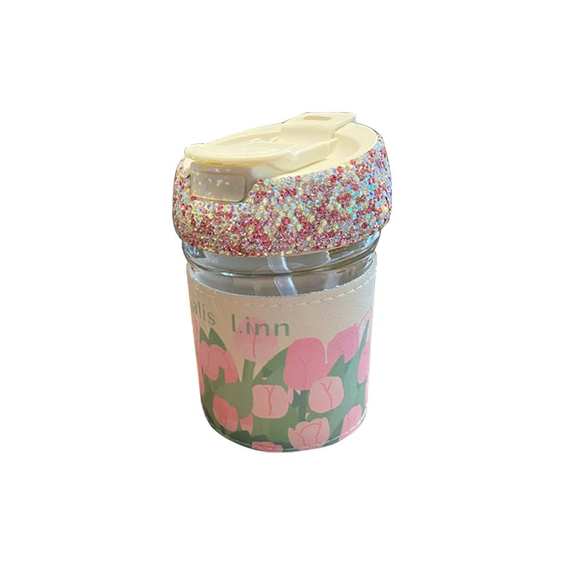 Portable Double-Wall Glass Cup – Diamond Coffee & Water Mug with Straw