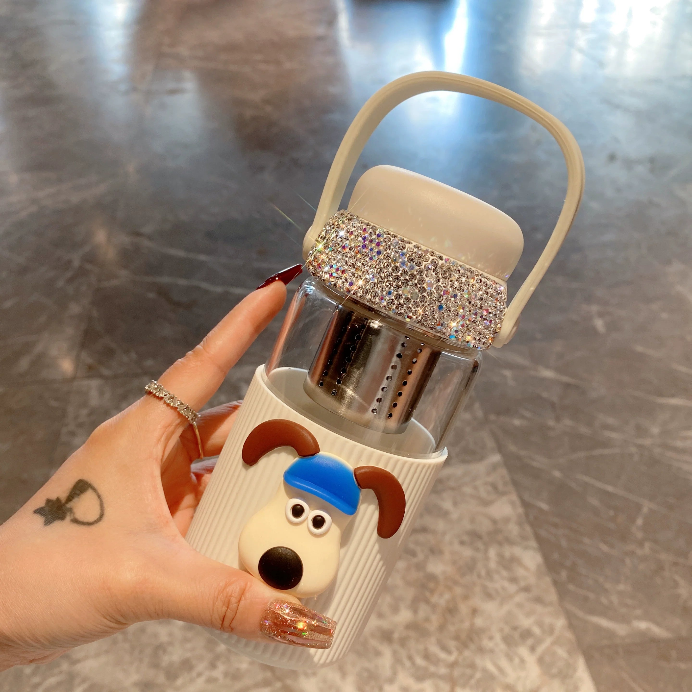 Diamond-Encrusted Stainless Steel Thermos – Large-Capacity Tea & Water Separation Tumbler