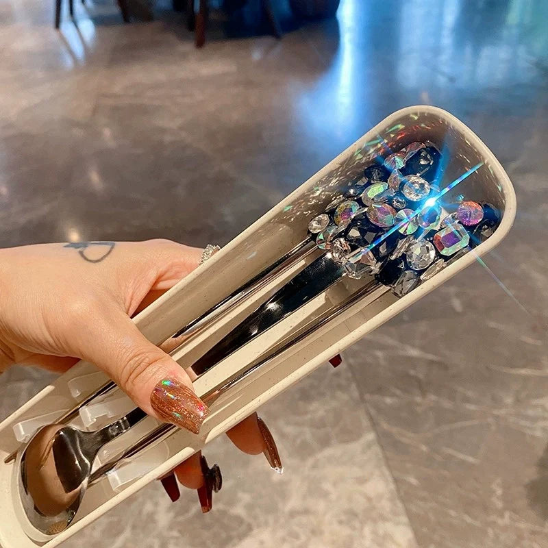 Diamond-Studded Chopsticks and Spoon Set – 304 Stainless Steel Portable Cutlery