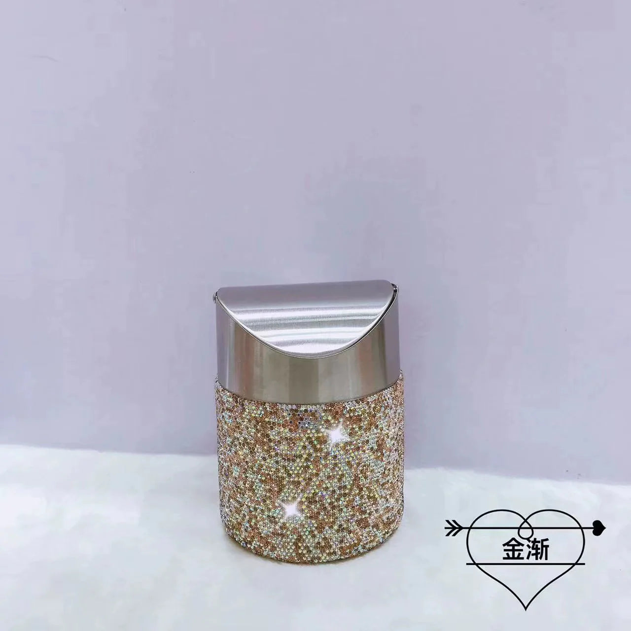 Diamond-Inlaid Mini Desktop Trash Can – Swing Lid, Stainless Steel Car & Home Storage Bin, Tabletop Waste Basket
