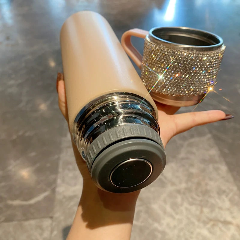 Stylish Diamond-Encrusted Water Tumbler with Lid – Large-Capacity Stainless Steel Thermos Cup