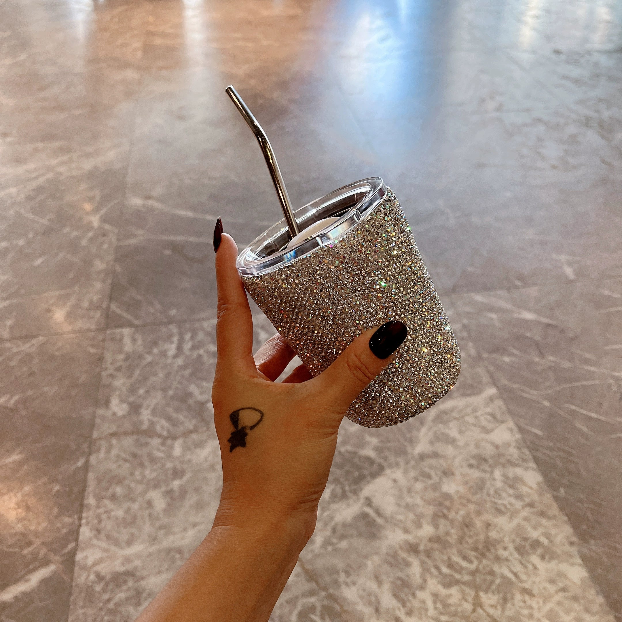 Diamond-Encrusted Straw Thermos Cup – Portable Water Bottle for Home, Office & School