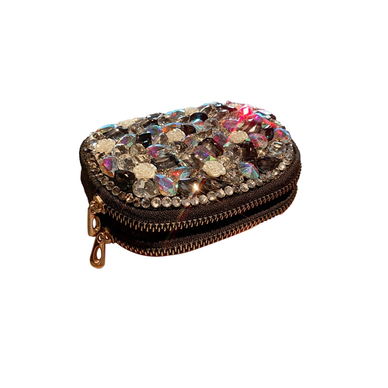 Diamond-Encrusted Portable Coin & Card Purse – Double-Layer Zipper Wallet for Travel & Gifts