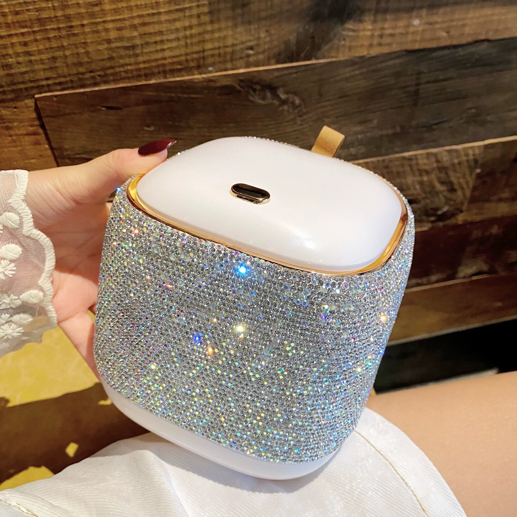 Diamond-Encrusted Desktop Trash Can – Push-Top Trash Bin, Office, Home, Tabletop Storage