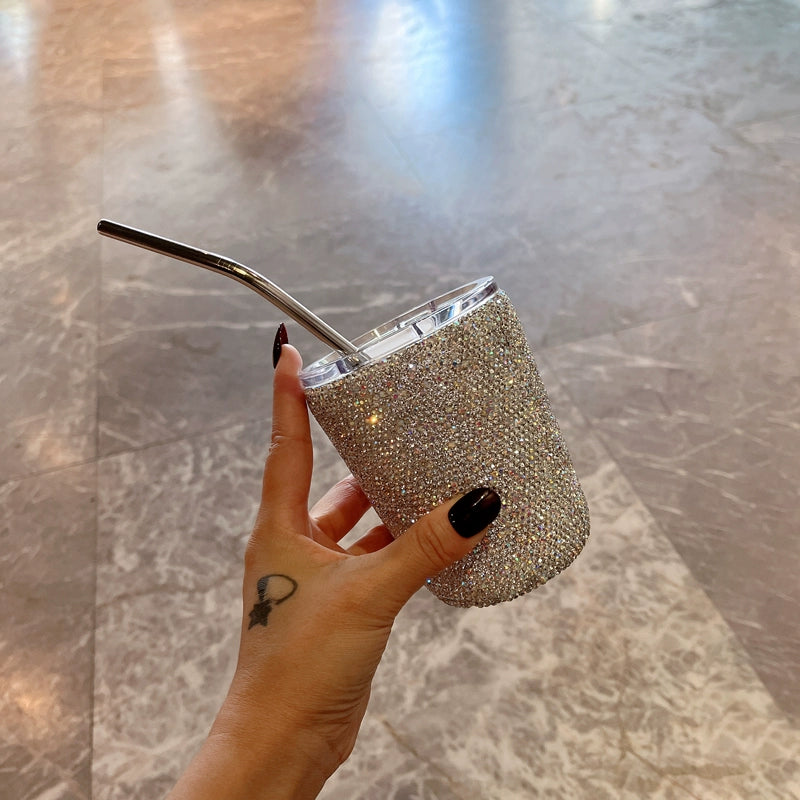 Diamond-Encrusted Straw Thermos Cup – Portable Water Bottle for Home, Office & School