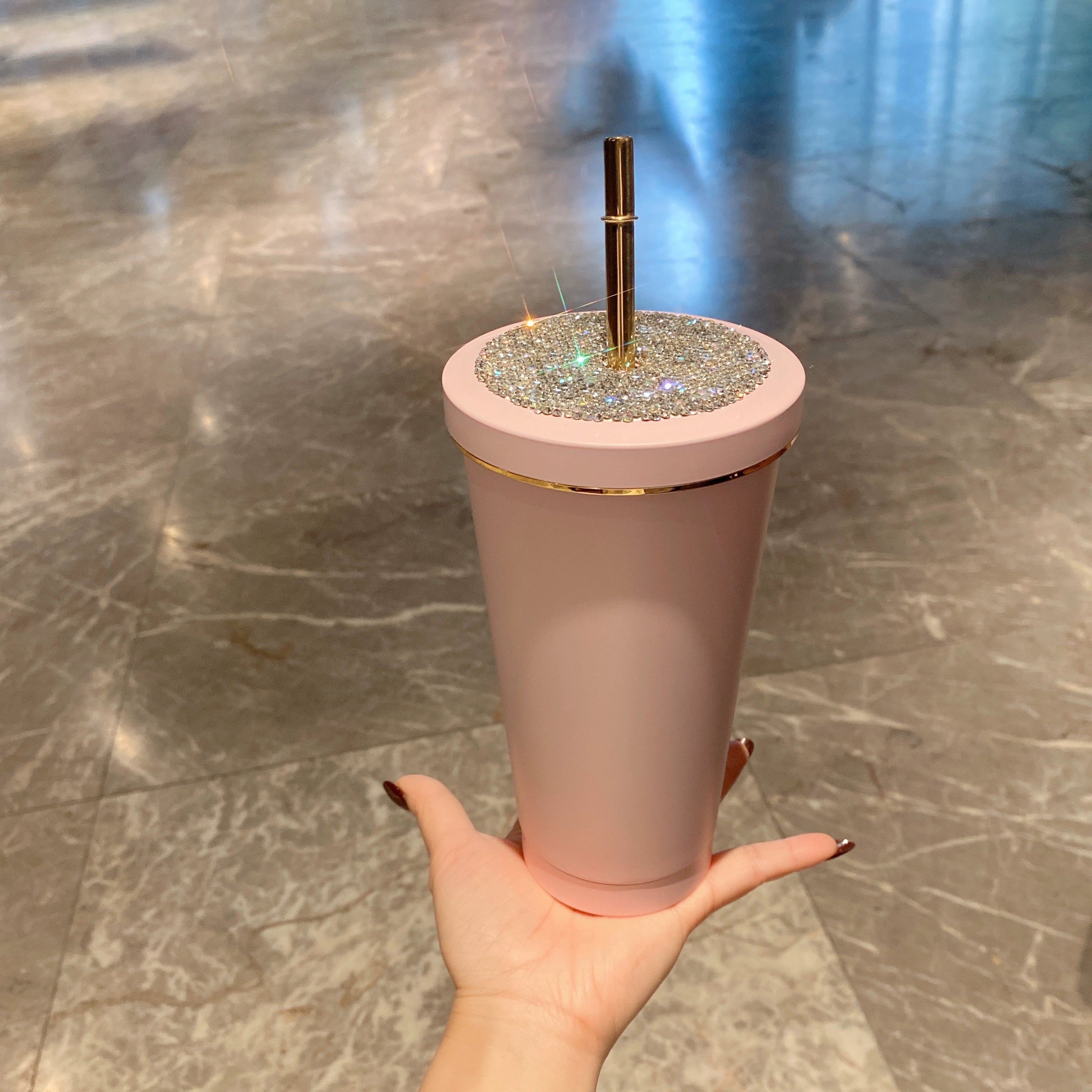 Diamond-Encrusted Korean Style Straw Cup – Colorful Stainless Steel Water Cup, Light Luxury, Portable Car & Travel Drinkware