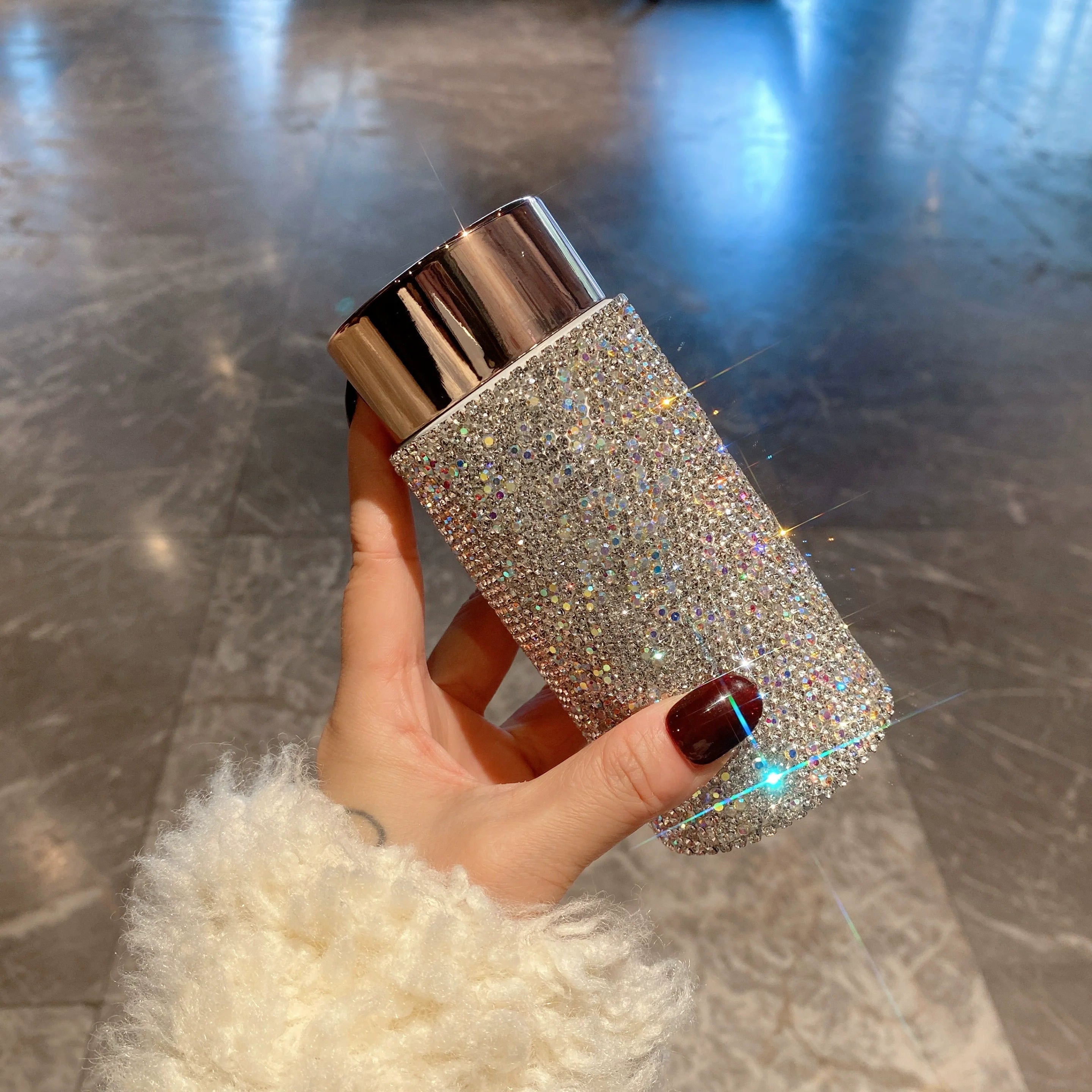 Mini Diamond-Encrusted Thermos Cup – Stainless Steel & Glass Water Bottle for Women
