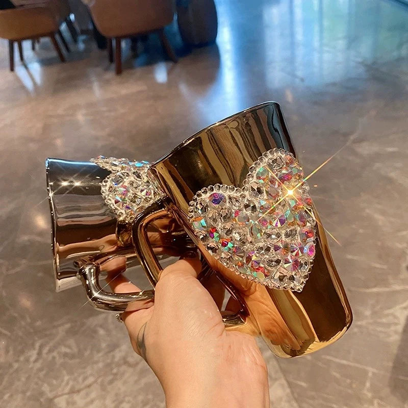 Diamond Heart-Shaped Glass Mug – Electroplated Coffee Cup, Tea Cup, Cute Gift Mug, Beverage Cup