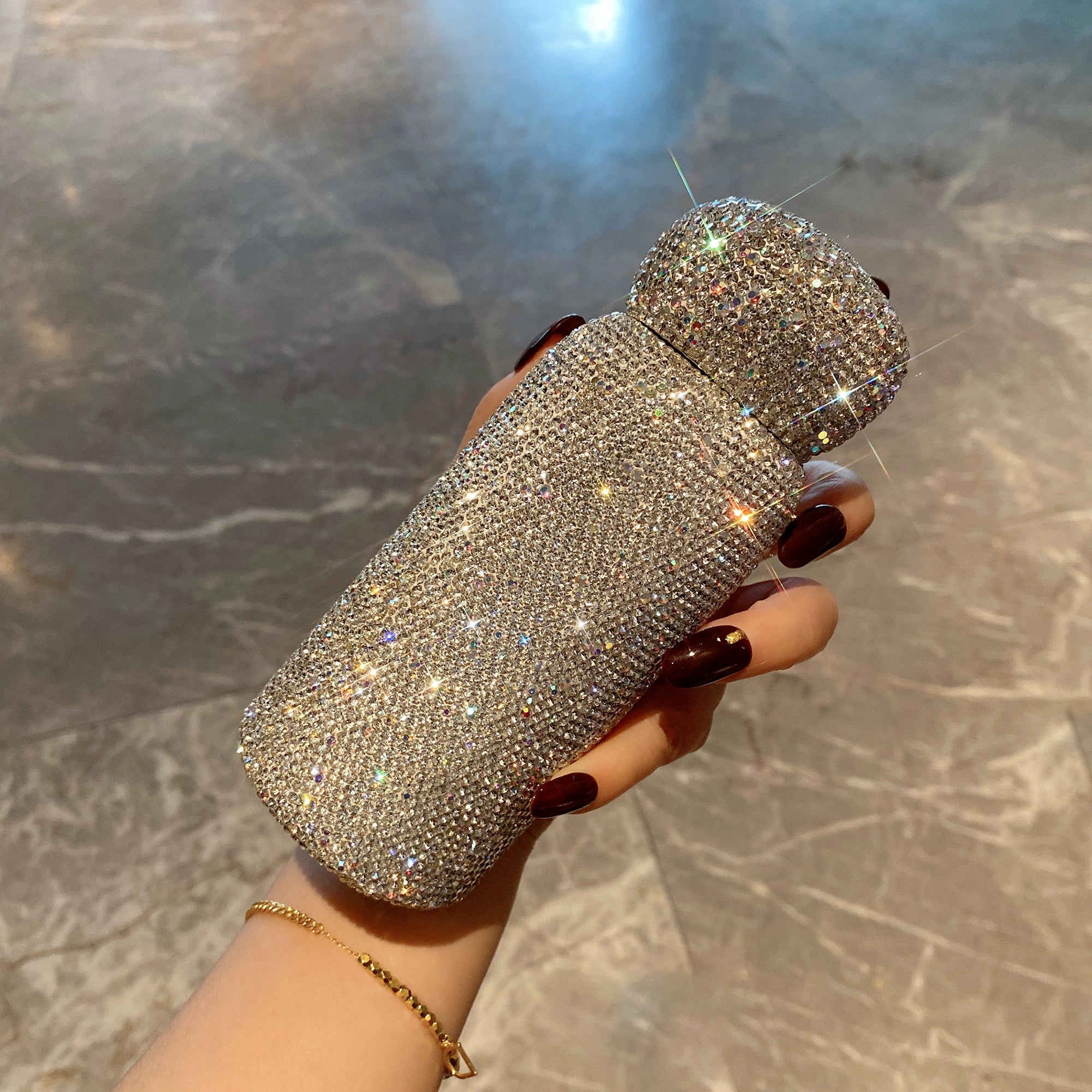 Mini Diamond-Encrusted Stainless Steel Thermos Cup – Portable Water Bottle for Travel & Car