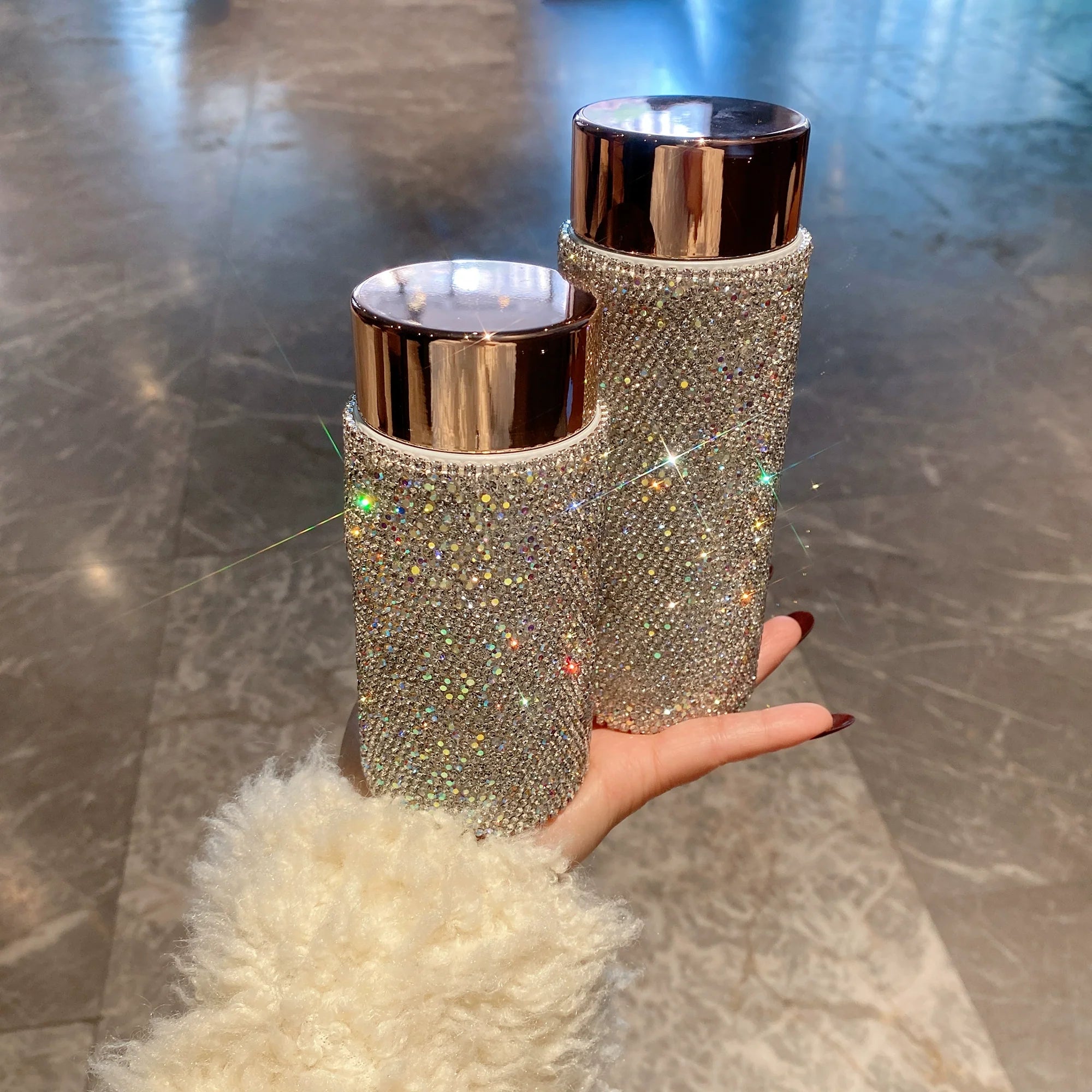 Mini Diamond-Encrusted Thermos Cup – Stainless Steel & Glass Water Bottle for Women