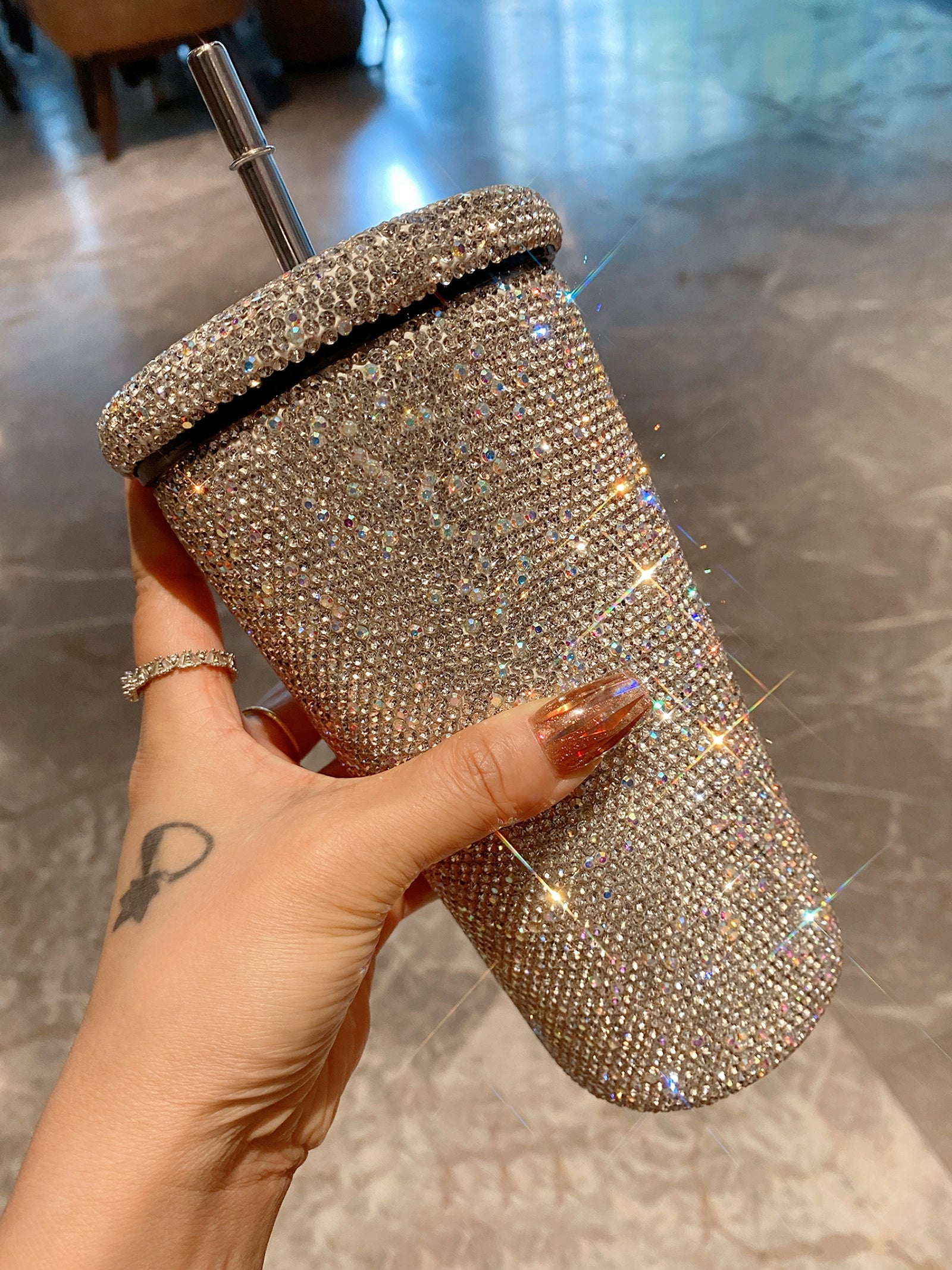 Diamond-Encrusted Stainless Steel Coffee Tumbler – Portable Thermos with Straw for Women