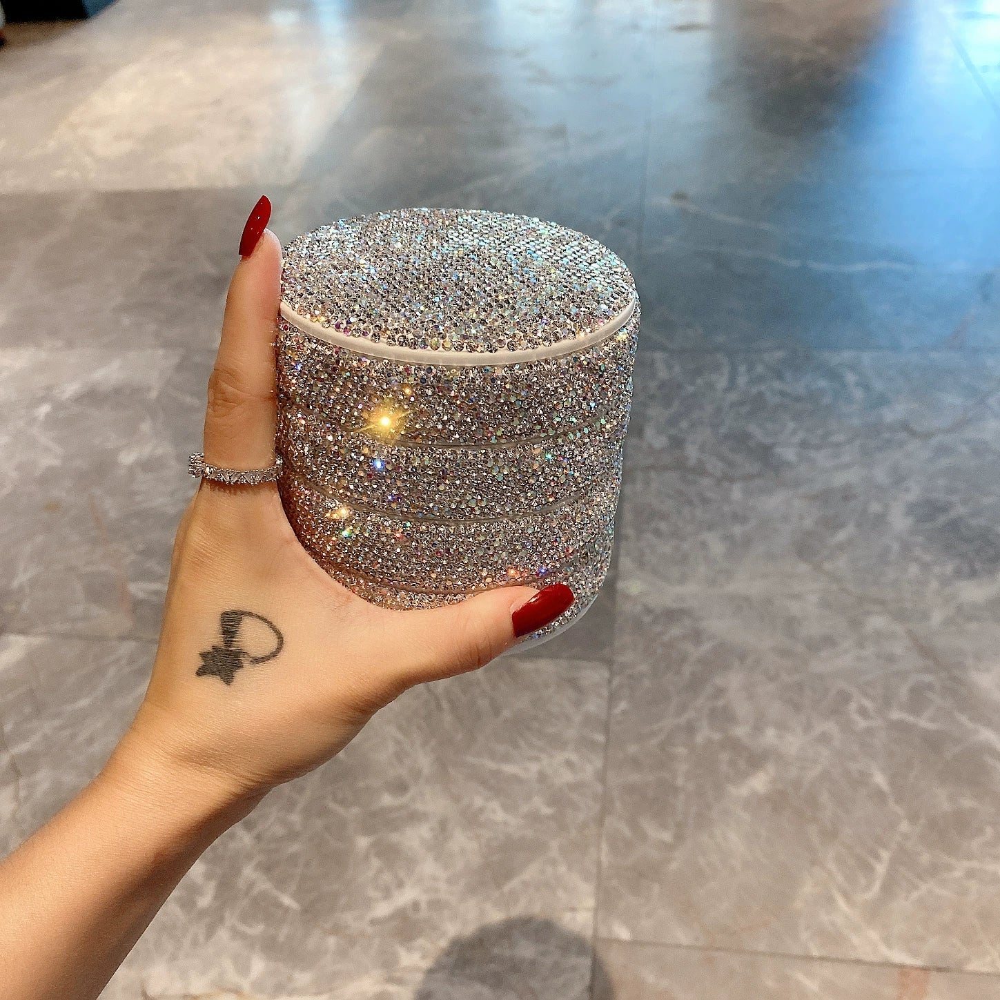 Diamond-Encrusted Rotating Jewelry Box – Multi-Layer Storage for Earrings, Rings, and Hand Jewelry