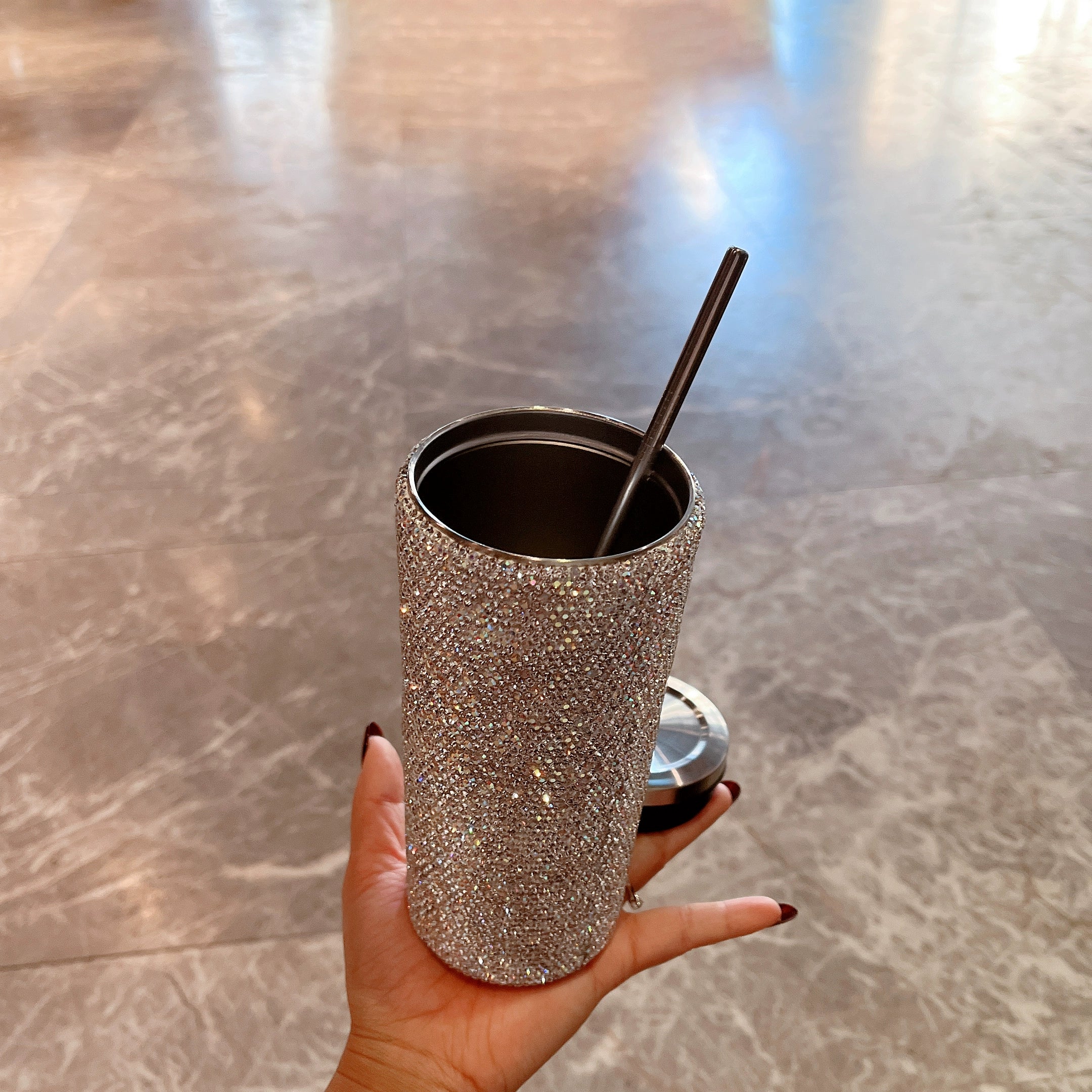 Diamond-Encrusted Stainless Steel Thermos Cup – Large-Capacity Portable Water Bottle with Straw for Car & Travel