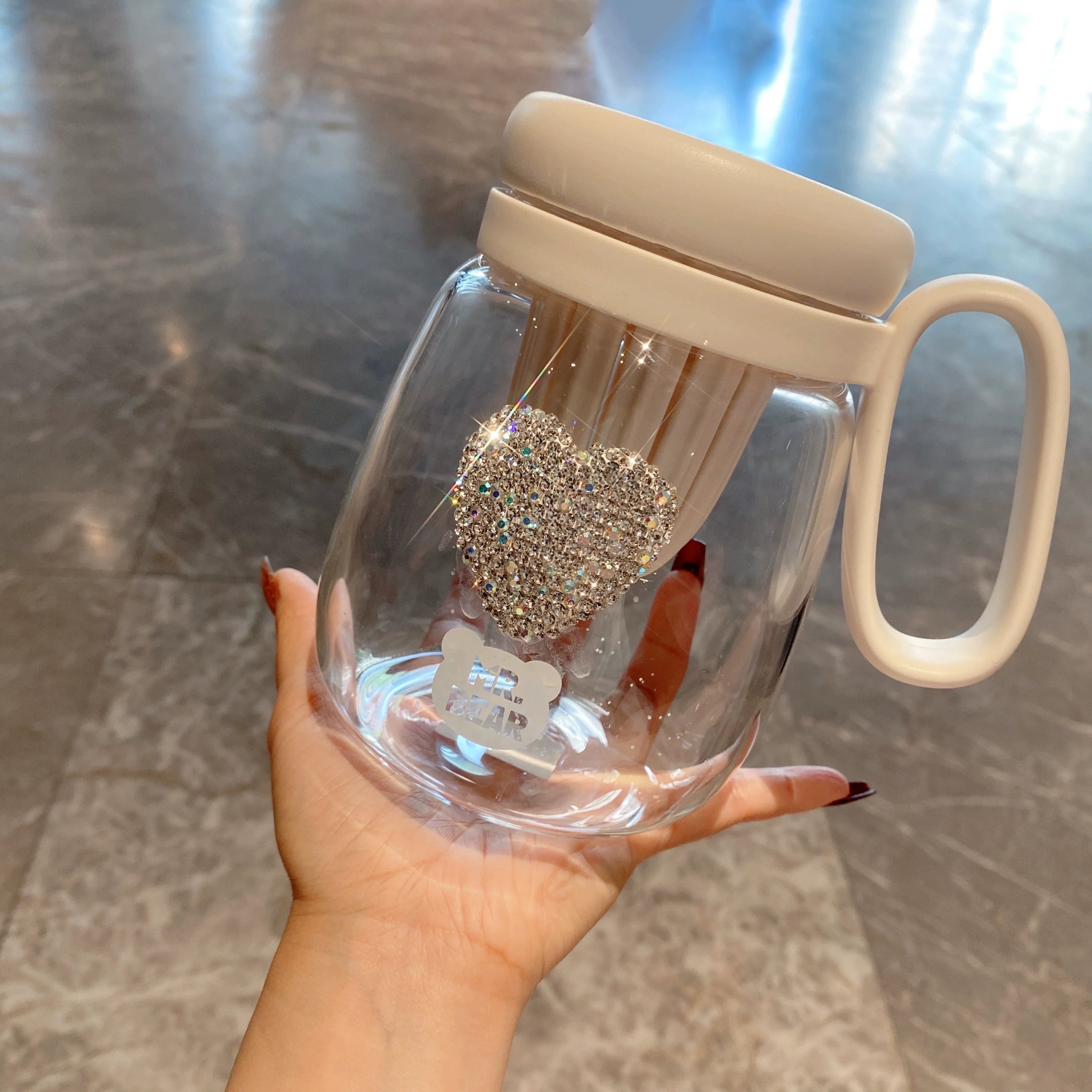 Diamond-Encrusted Big Belly Glass Cup – Large Capacity Tea & Water Tumbler with Tea Infuser
