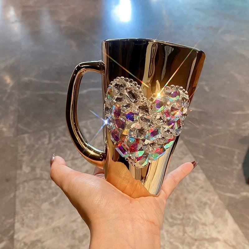 Diamond Heart-Shaped Glass Mug – Electroplated Coffee Cup, Tea Cup, Cute Gift Mug, Beverage Cup