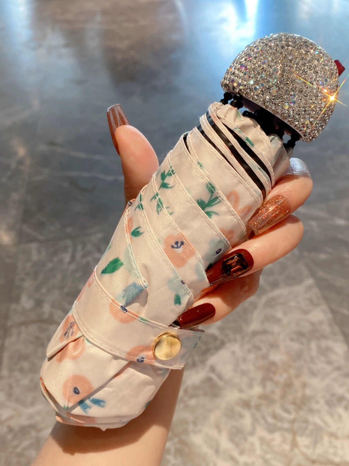 Diamond-Inlaid Mini Flower Folding Parasol – Portable Anti-UV Summer Sun Umbrella for Women, Travel & Vacation