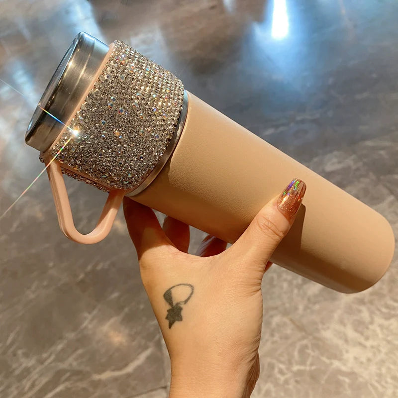 Stylish Diamond-Encrusted Water Tumbler with Lid – Large-Capacity Stainless Steel Thermos Cup