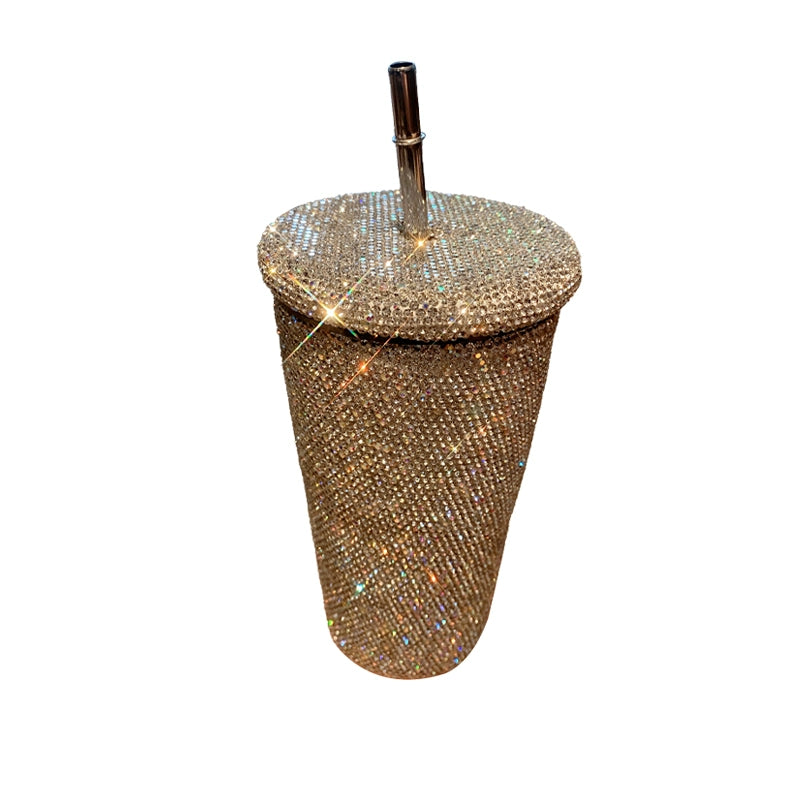 Diamond-Encrusted Stainless Steel Coffee Tumbler – Portable Thermos with Straw for Women