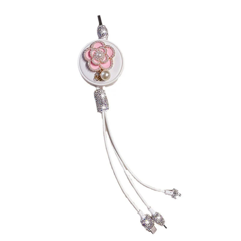 Multi-Function Car Fast Charger with 1-3 Retractable Camellia Diamond Data Cables