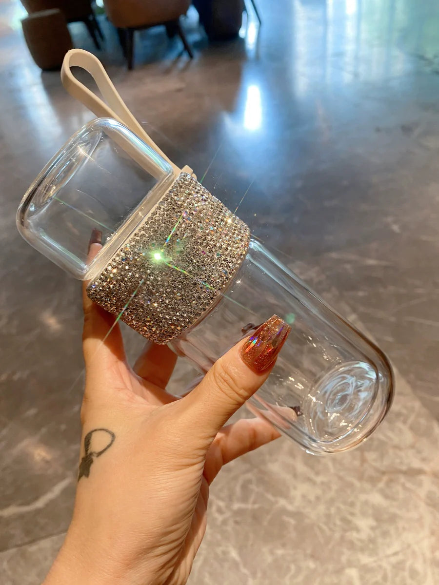 Diamond-Encrusted Double-Wall Glass Tea Cup – High-Temperature Resistant with Tea & Water Separation