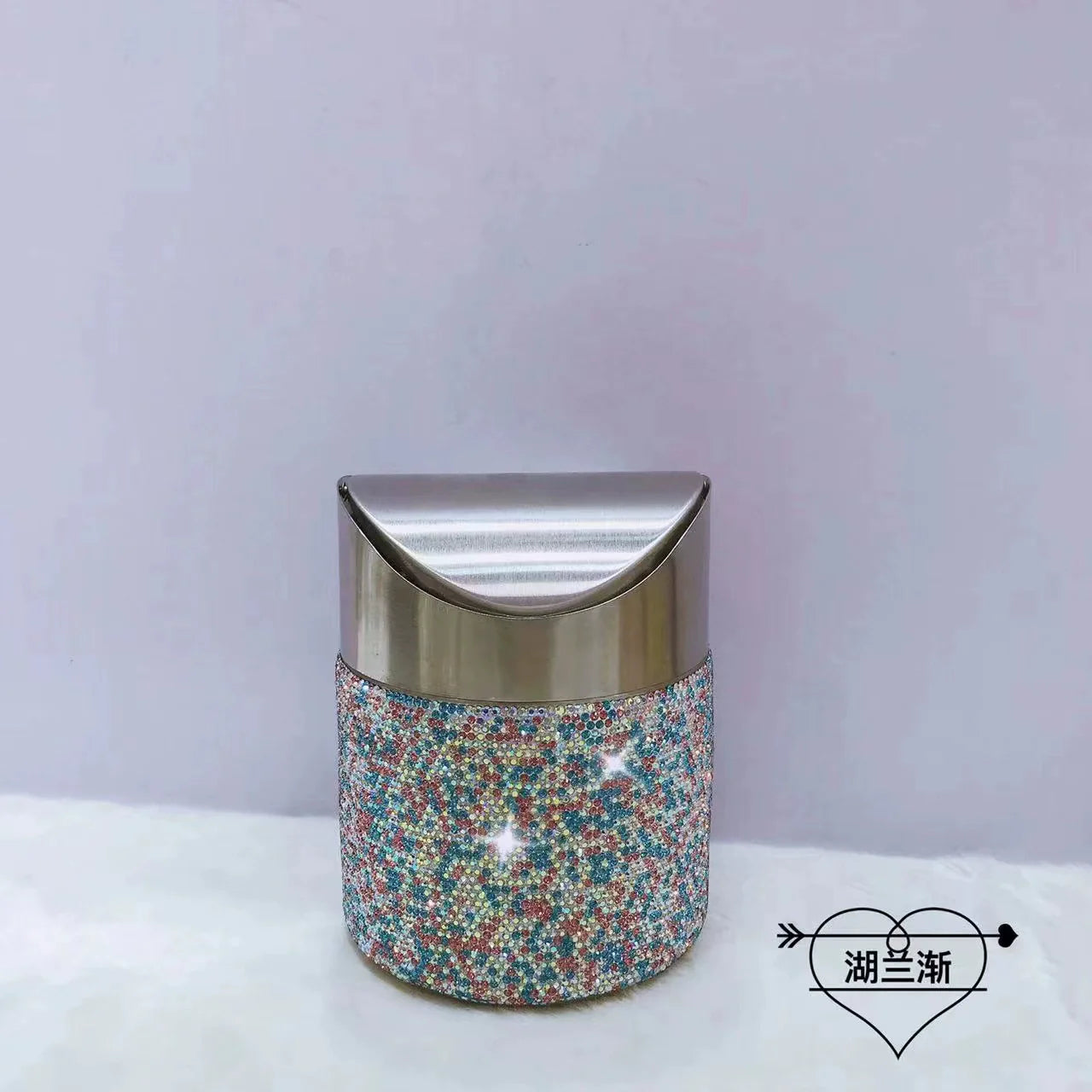 Diamond-Inlaid Mini Desktop Trash Can – Swing Lid, Stainless Steel Car & Home Storage Bin, Tabletop Waste Basket